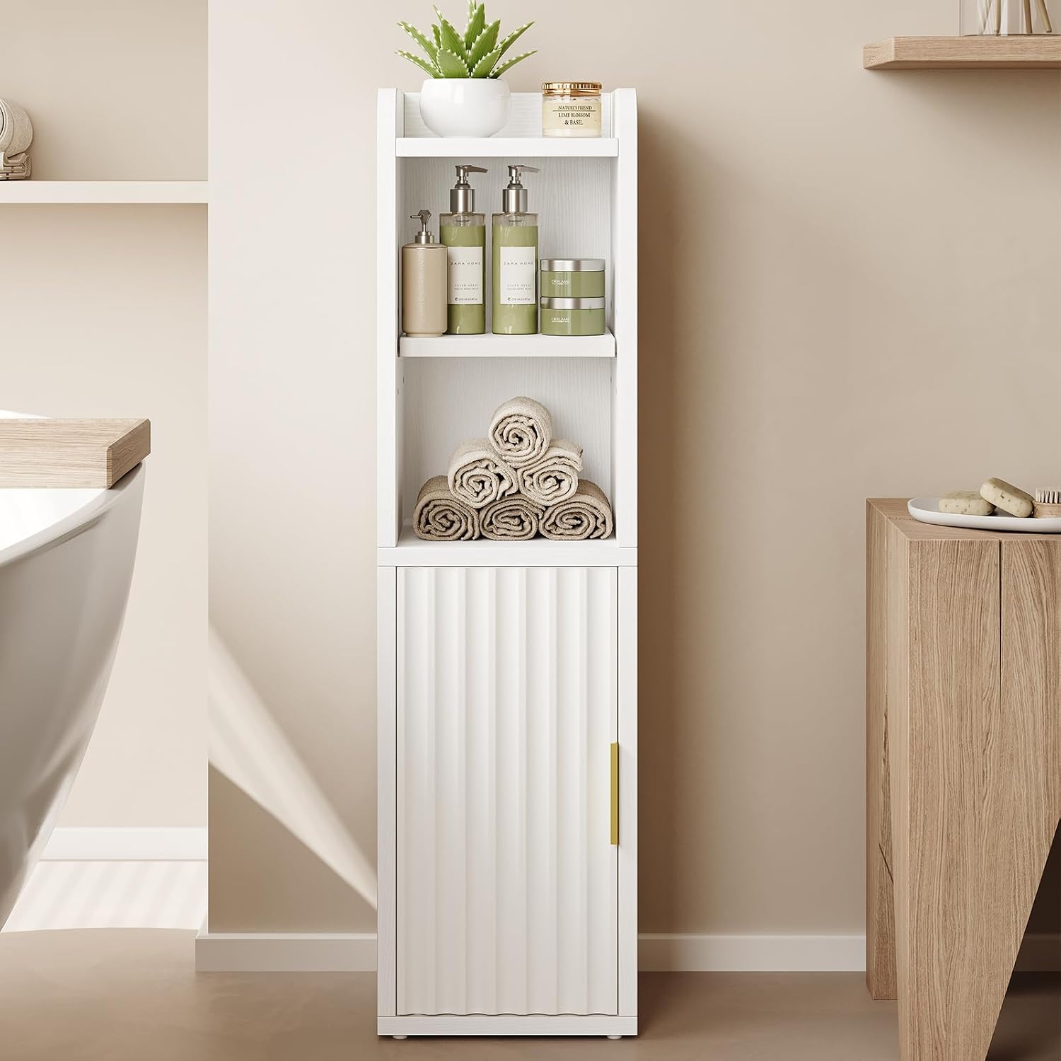 Yoobure Fluted Small Bathroom Storage Cabinet, Narrow Toilet Paper Cabinets | 7.9" D x 7.9" W, Wood Slim Corner Floor Cabinet with Door& Adjustable Shelf, Skinny Bathroom Organizer for Small Spaces,White