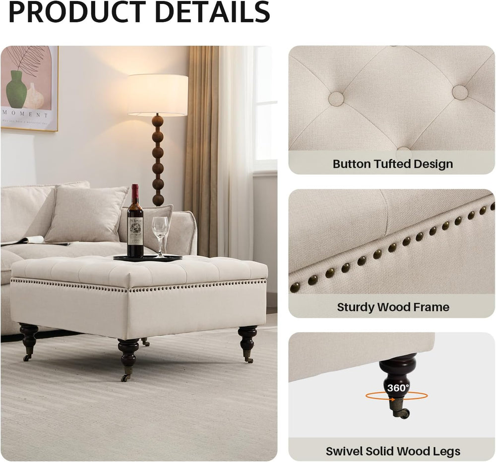 Large Square Storage Ottoman Uphlostered Tufted Button Coffee Table, Beige