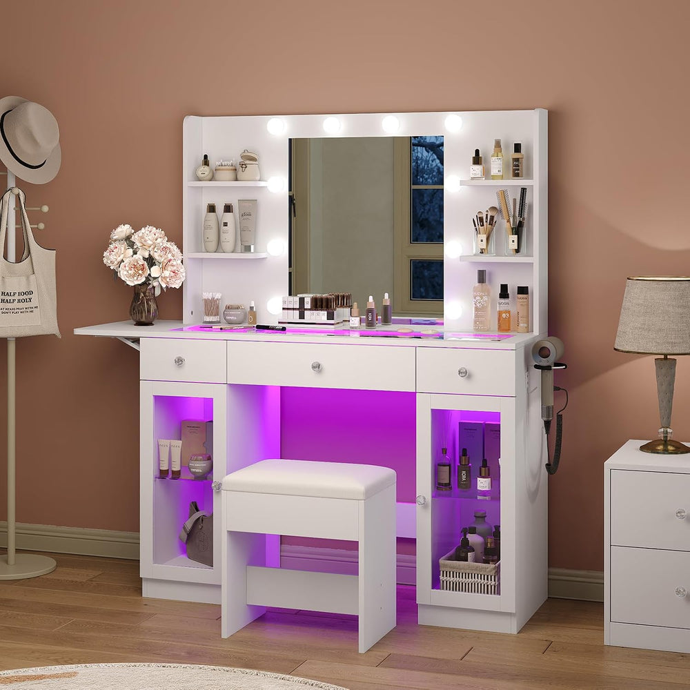 Yanosaku Makeup Vanity Desk with Mirror and Lights, RGB Lighted Vanity Desk w...