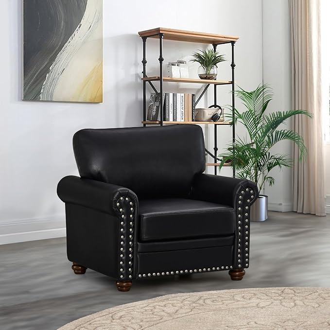 3 Piece Faux Leather Sofa Set,Mid Century Modern Couch and Loveseat Sets with Storage,Comfy Deep Seat Sofa with Nailhead Trim & Rolled Arm for Living Room,Office(Armchair+Loveseat+3 Seater,Black)