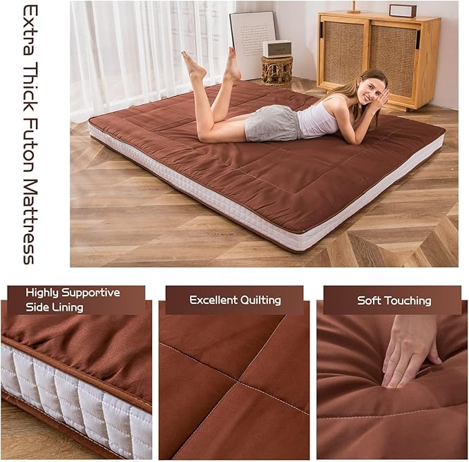 MAXYOYO Futon Mattress, Japanese Floor Mattress Full Size, Quilted Bed Mattress Topper, Extra Thick Folding Sleeping Pad Breathable Floor Lounger Guest Bed for Camping Couch, Coffee