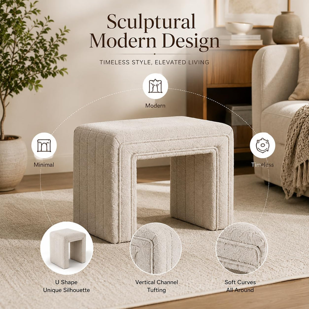 Modern Boucle Ottoman, Upholstered Arch Footstool Extra Seat for Makeup Room, Living Room & Entryway, Fully Assembled Vanity Stool – Camel Brown