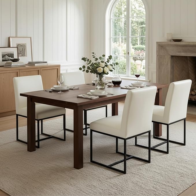 CIMOTA Modern Dining Chairs Set of 8, Leather Dining Room Chairs Upholstered Armless Guest Side Chair with Black Base for Dining Room/Kitchen, Cream 8PCS