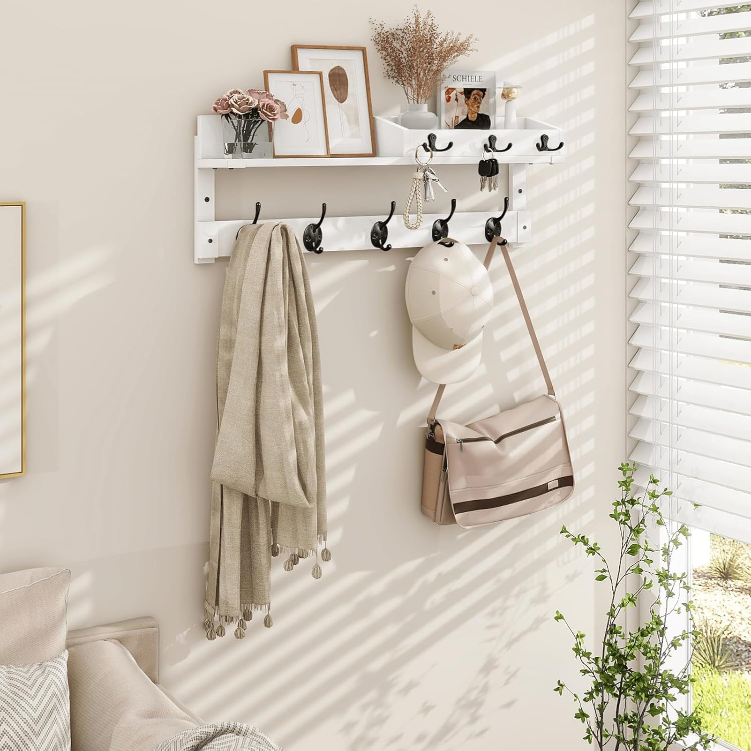 Homode Coat Rack Wall Mount with Hooks and Mail Holder, Entryway Floating Shelf with Key Hooks, Hanging Coat Hanger for Entry, Bathroom, Hallway, Bedroom, White