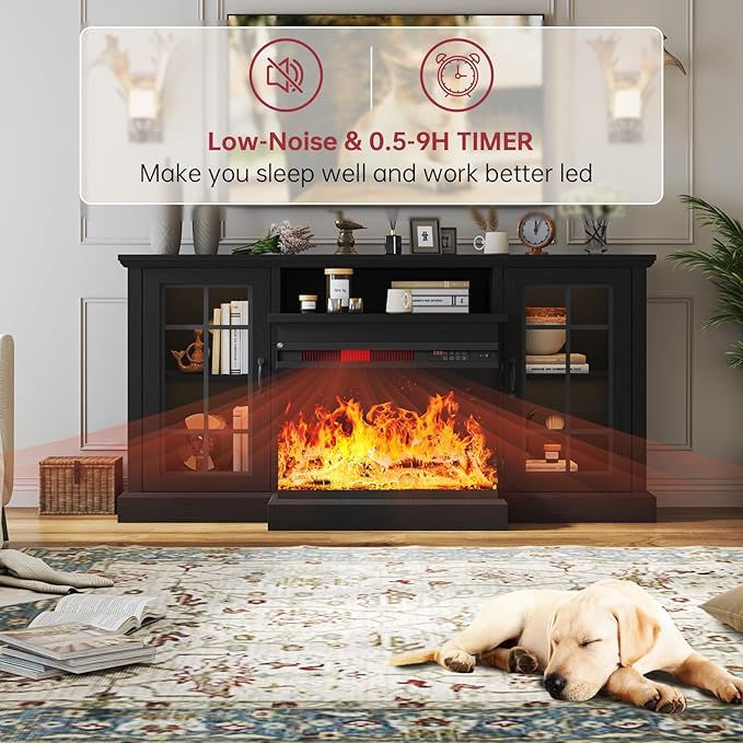 oneinmil 59'' Fireplace TV Stand with 3-Sided Glass, TV Cabinet for TVs up to 65", Modern Media Entertainment Center with Farmhouse Glass Door Storage Cabinets for Living Room, Black