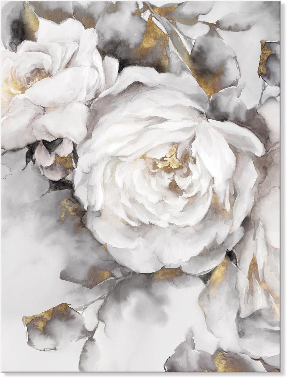 Floral Wall Decor White and Grey Blooming Rose Flower with Gold Canvas Wall A...