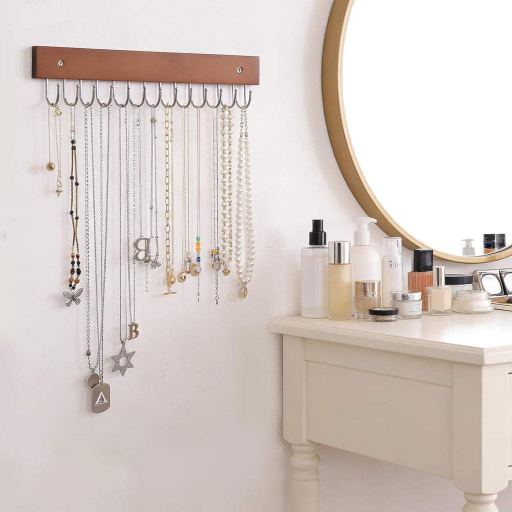SCUNDA Hanging Jewerly Organizer for Wall, Wall Mounted Necklace Holder, Wood Wall Mount Jewerly Organizer for Earrings Bar, Hanging Rings, Necklaces and Bracelet, Nice Gift for Woman (2pack,Brown)