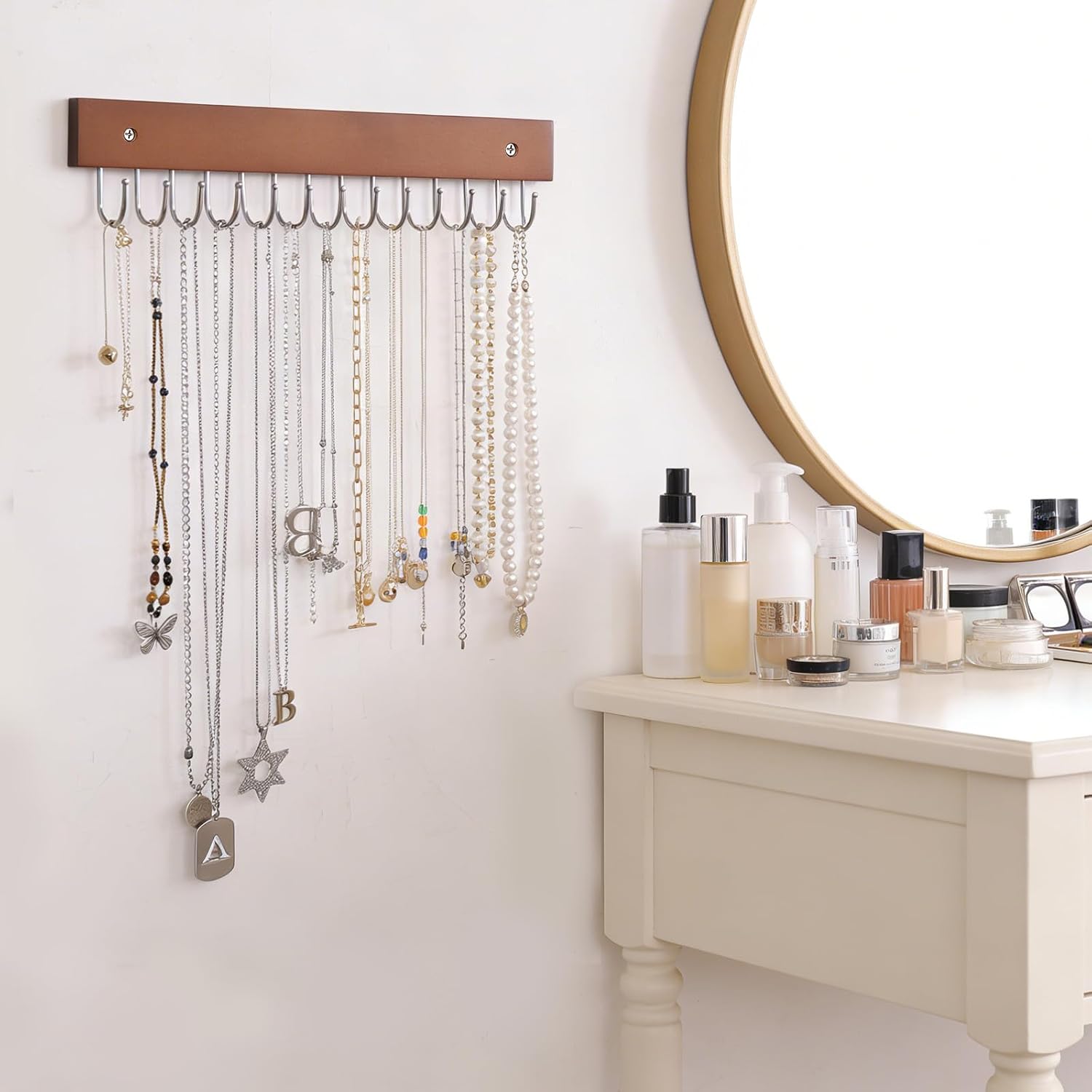 SCUNDA Hanging Jewerly Organizer for Wall, Wall Mounted Necklace Holder, Wood Wall Mount Jewerly Organizer for Earrings Bar, Hanging Rings, Necklaces and Bracelet, Nice Gift for Woman (2pack,Brown)
