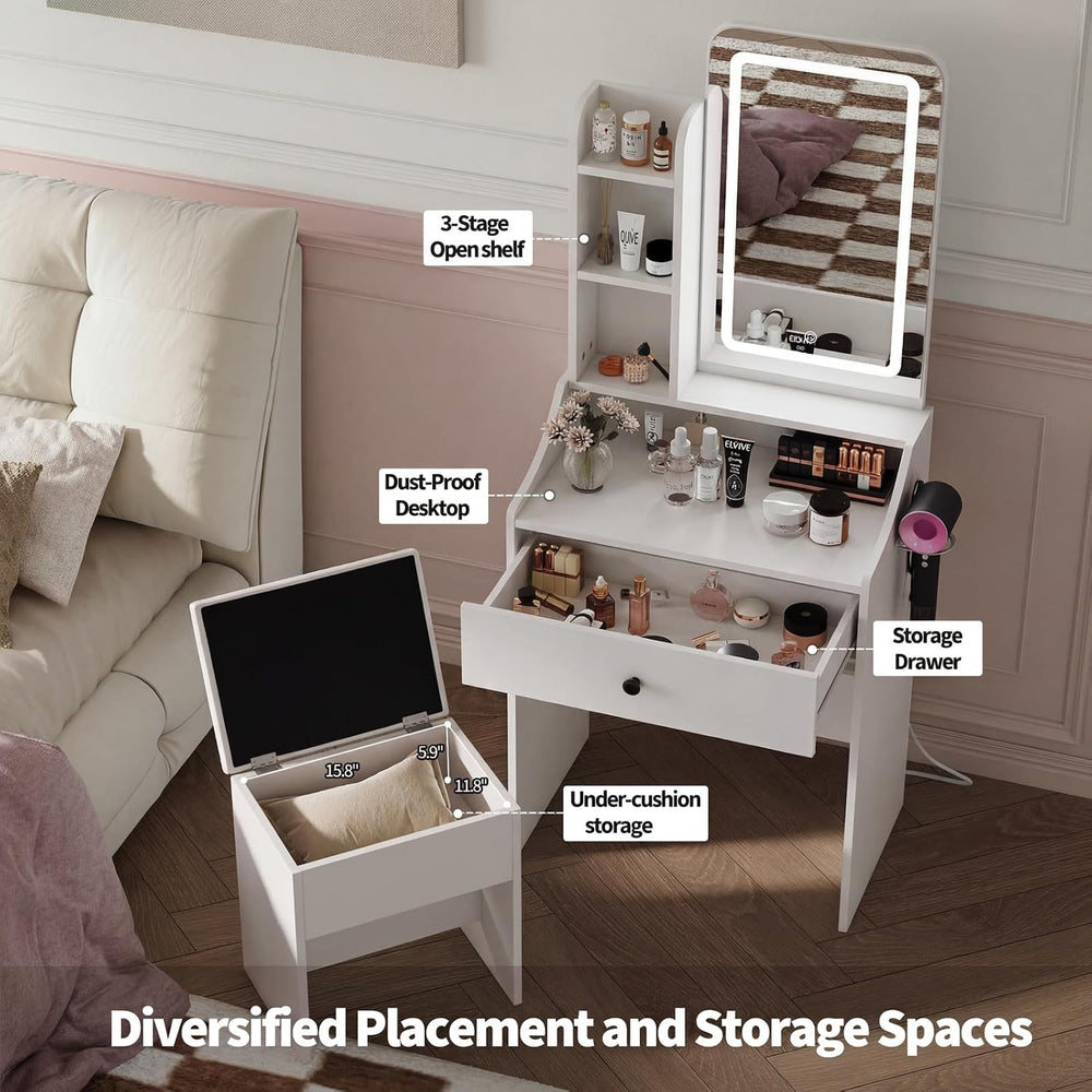 Small Vanity Desk with LED Light Mirror and Storage Bench, White | Small Vani...