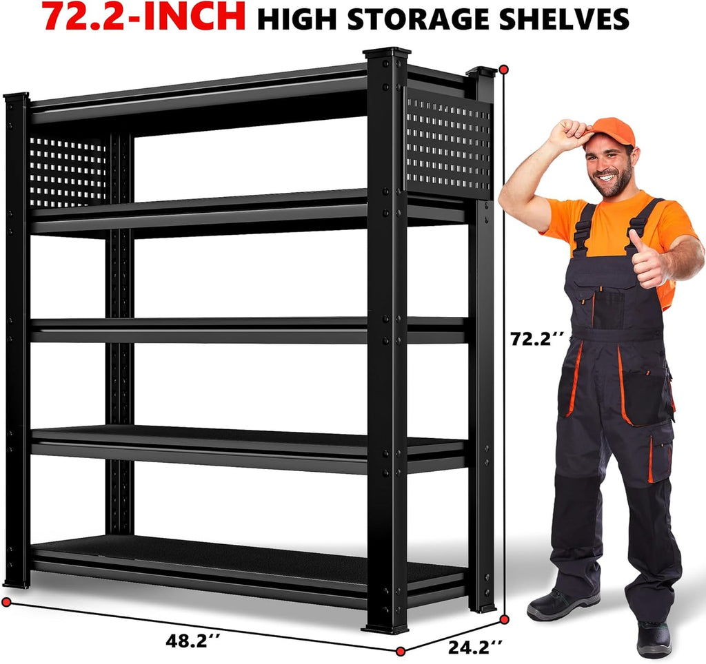 SILVEL 48.2" W Garage Shelving, 5000LBS Heavy Duty Metal Shelving, 2025 Solid Storage Shelves with 2 Side Pegboards, Industrial 5 Tier Shelves for Basement Pantry Warehouse Supermarket, 6 Pack