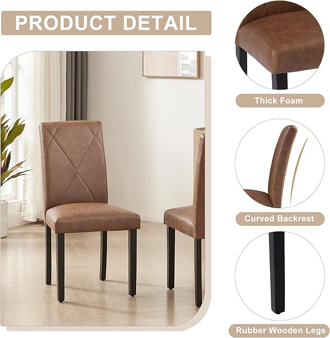 VECELO Upholstered Dining Chairs Set of 6, Modern PU Leather and Solid Wood Legs & High Back for Kitchen/Living Room- Brown