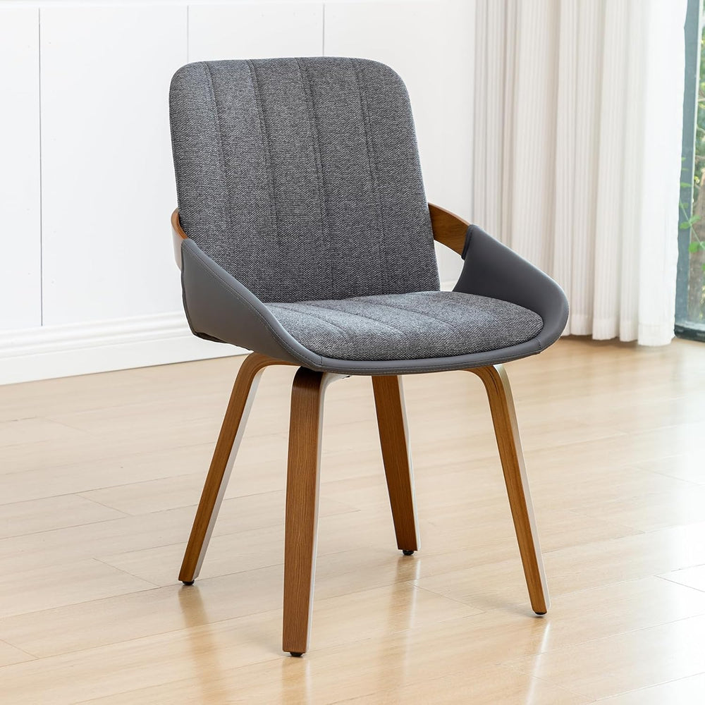 Dining Room Chairs Set of 2, Mid Century Modern Gray Fabric+Faux Leather Kitc...