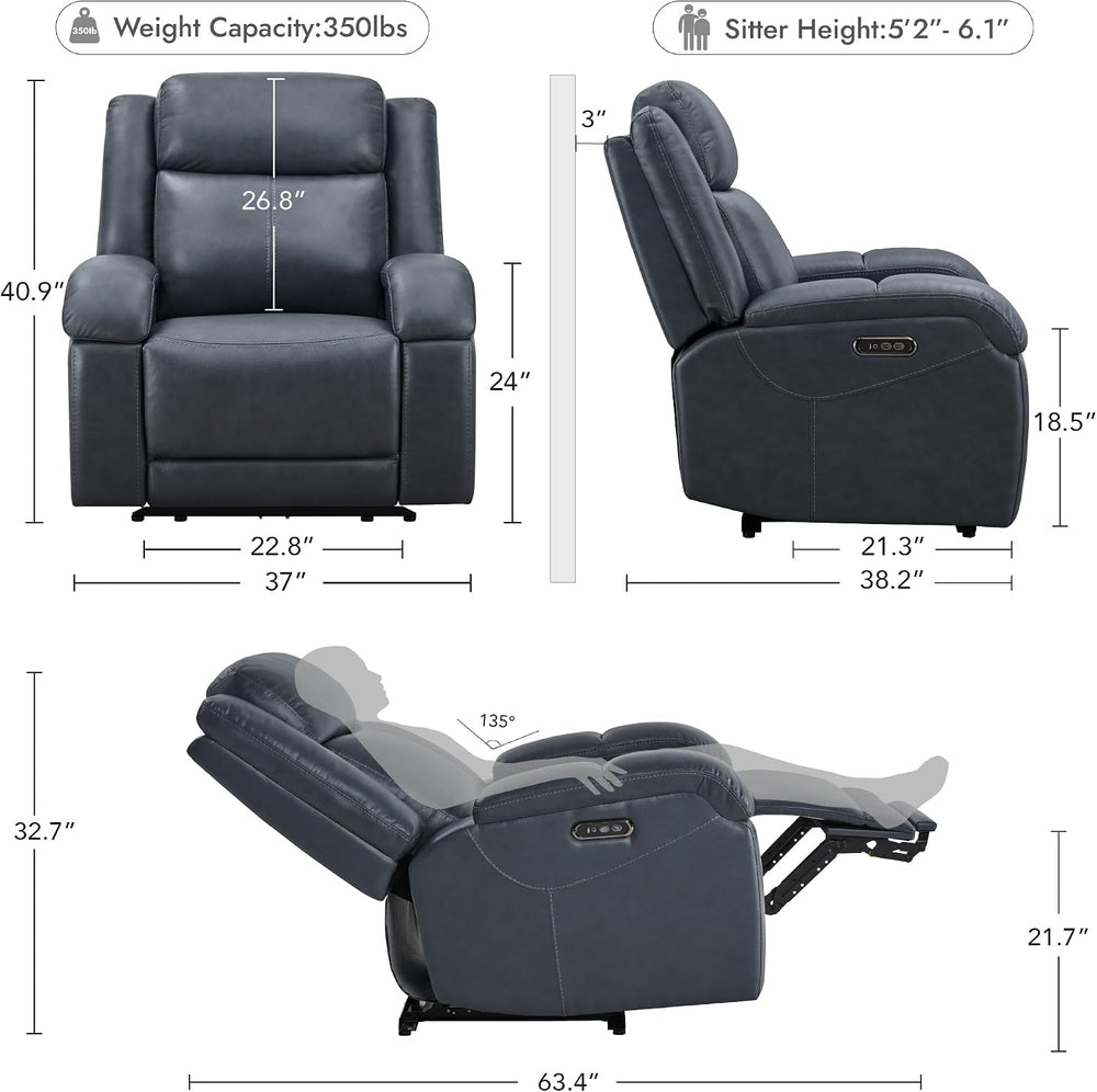 Watson & Whitely Genuine Leather Wall Hugger Power Recliner, Navy Blue