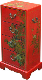 Oriental Bright Red Golden Flower Bird Graphic Drawers Chest Aws5065