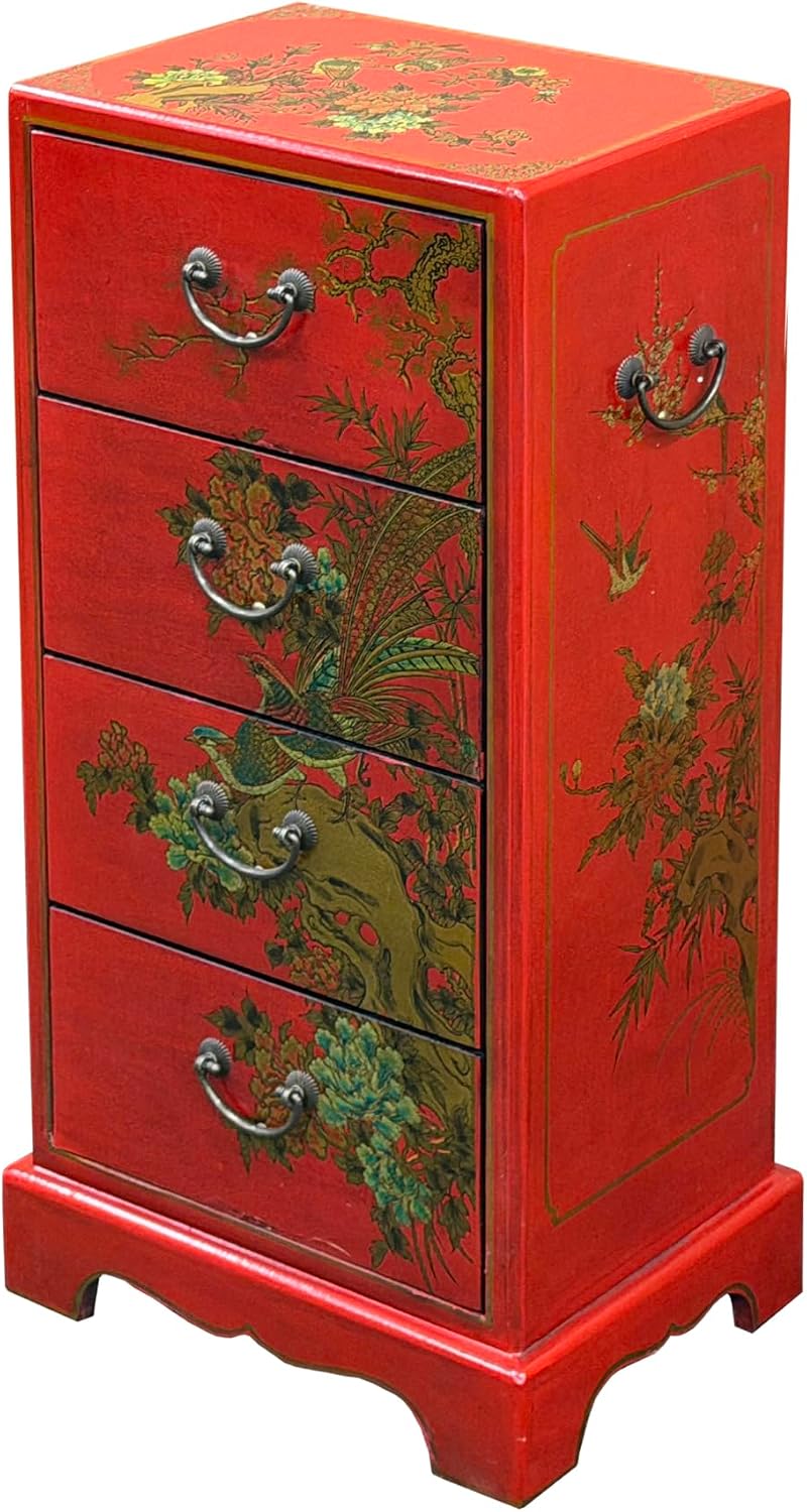 Oriental Bright Red Golden Flower Bird Graphic Drawers Chest Aws5065