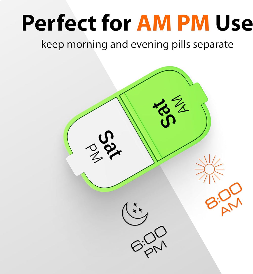 Extra Large Weekly Pill Organizer - XL Vitamin Holder with 7 Detachable AM PM Compartments - Portable Medicine Dispenser for Home and Travel, Big Supplement Container for Weekly or Daily Use, Green