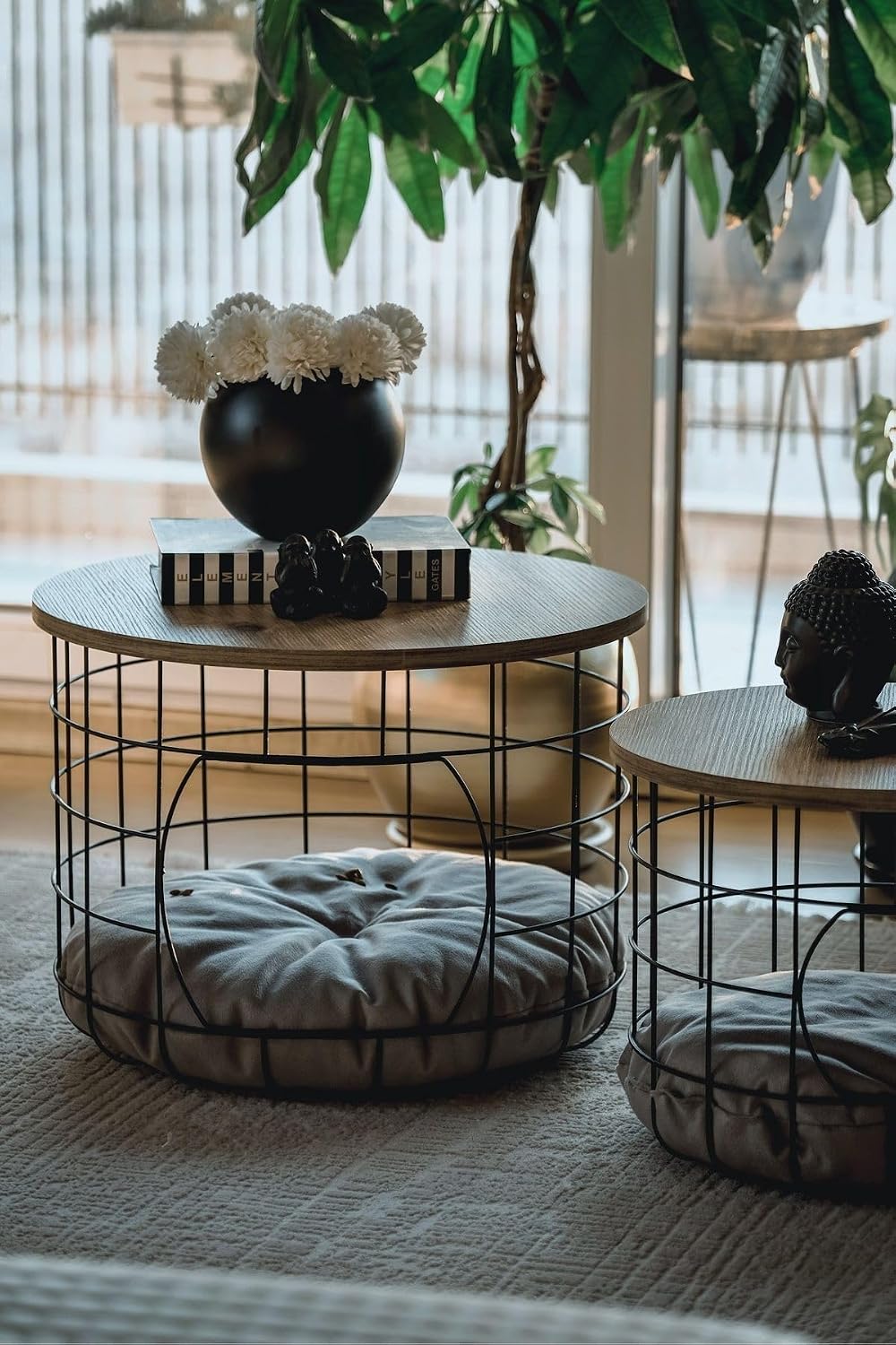 2-Piece Nesting Side Table Set with Cushions Scandinavian Style Round MDF and...