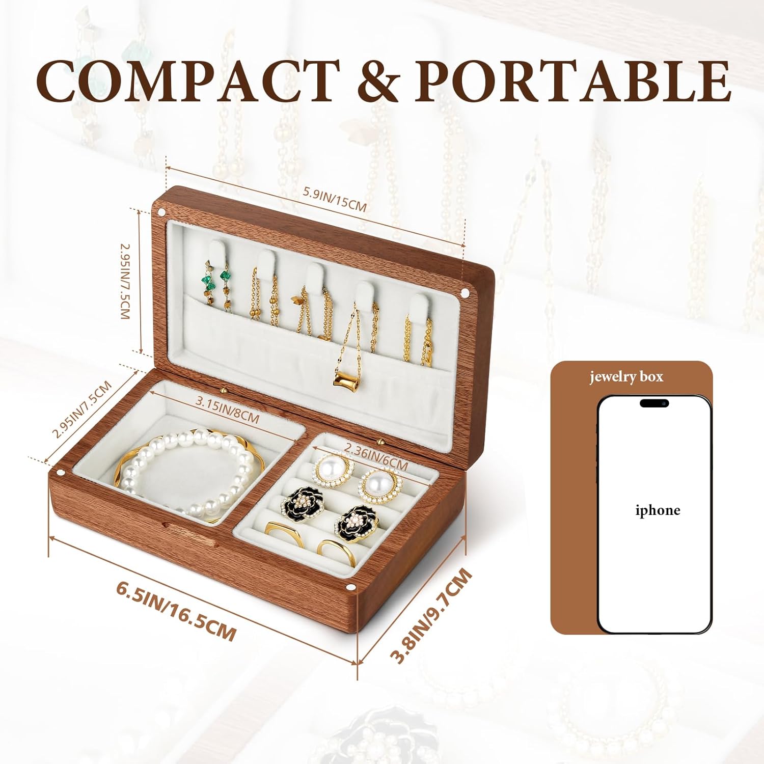 LadyRosian Wooden Small Jewelry Box - Mini Wood Travel Jewelry Case Portable Organizer for Rings, Earrings, Necklaces & Bracelets Storage Women Girls Men,Sapele