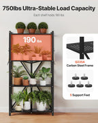 VEVOR 4-Tier Foldable Storage Shelf, 28W x 13D x 54H Inch Folding Metal Rack Shelving Unit, No Assembly Organizer Shelf with 5 Wheels & 4 Hooks for Pantry, Kitchen, Garage, Basement, Black