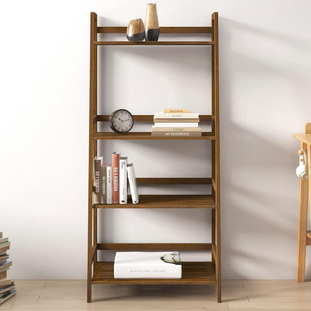 sogesfurniture, 4-Tier Bamboo Ladder Shelf, Rustic Style, Bookshelf Storage Rack, 18.9x11.8x46.5 inches, Brown
