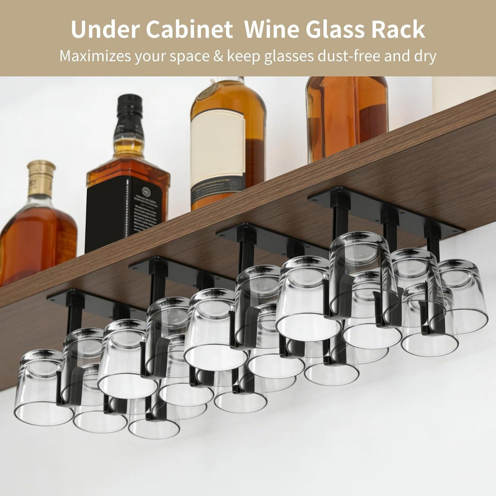 4 Pcs Wine Glass Rack, Under Cabinet Stemware Organizer, Inverted Hanging Draining Dustproof Plastic Cup Storage Holder with Mounting Screws & Glue, Ideal for Kitchen, Bar and Dining Room (Black)