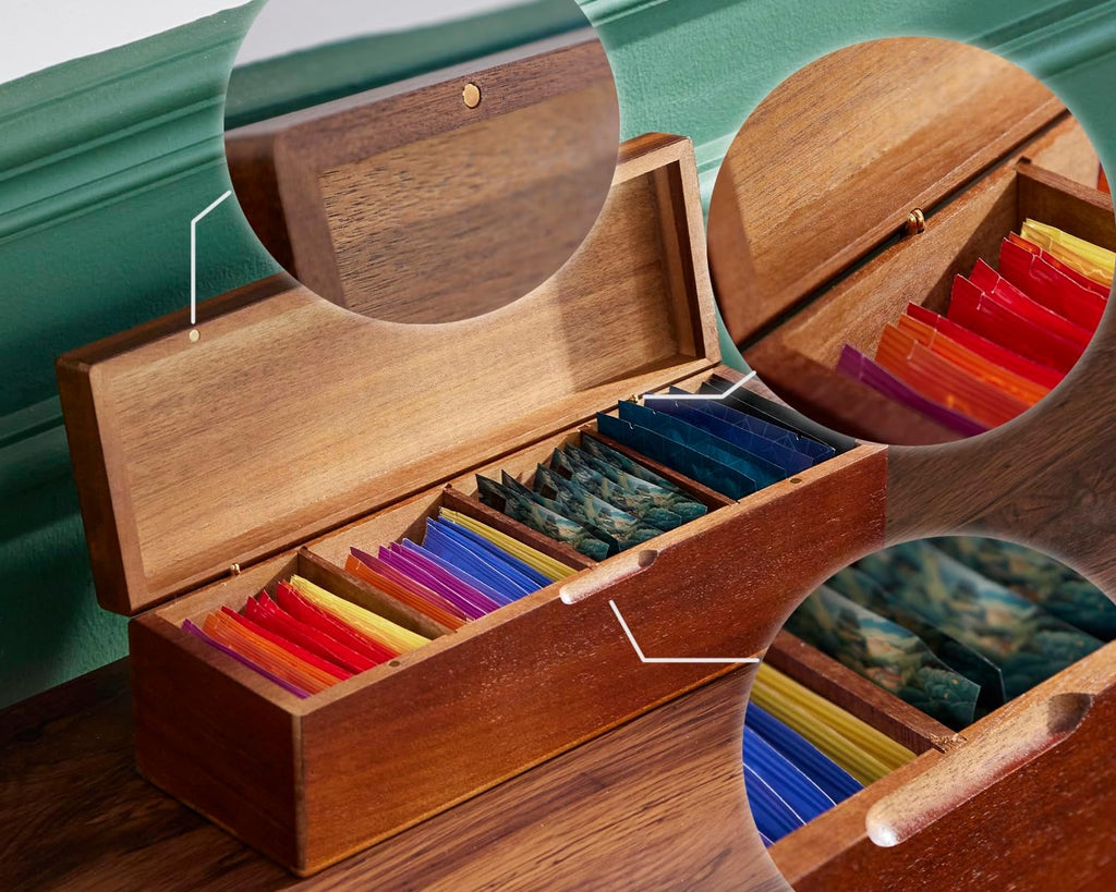 SEVENY Wooden Tea Bag Organizer Box with 4 Compartments | Tea Storage Caddy, Coffee Packet Organizer, For Kitchen Counter, Home Office Display