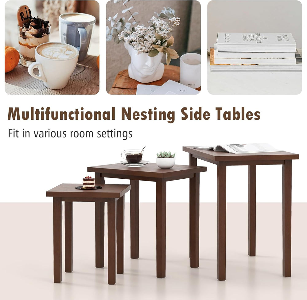 Giantex Nesting Tables Set of 3, Farmhouse Stacking Side Table with Rubber Le...