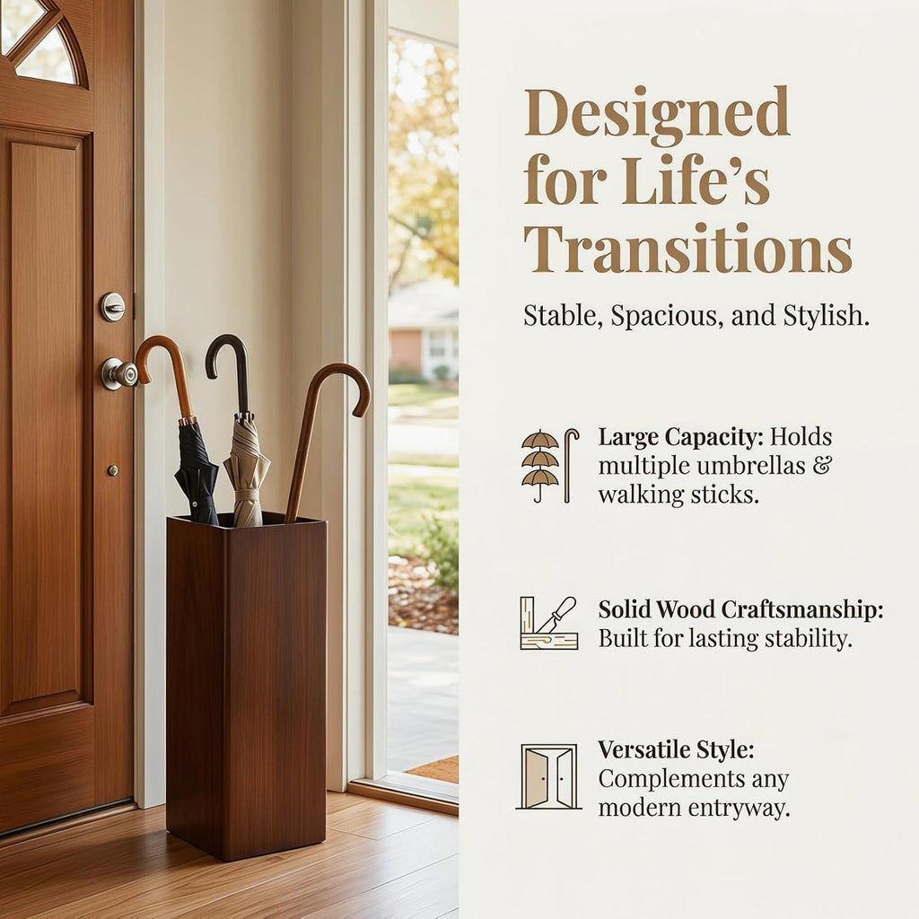 OUNONA Solid Wood Umbrella Stand Elegant Entryway Organizer for Indoor and Outdoor Use Heavy Duty Umbrella Holder for Lobbies Dark Walnut