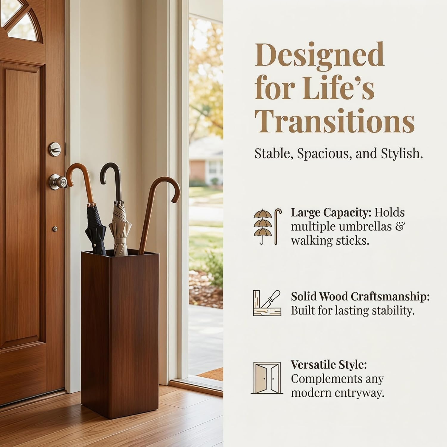 OUNONA Solid Wood Umbrella Stand Elegant Entryway Organizer for Indoor and Outdoor Use Heavy Duty Umbrella Holder for Lobbies Dark Walnut