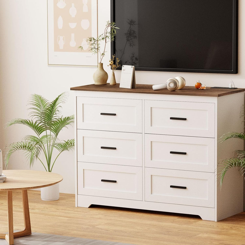 GEPELCN Farmhouse Dresser for Bedroom 6 Drawers Dresser with Power Outlets Ru...