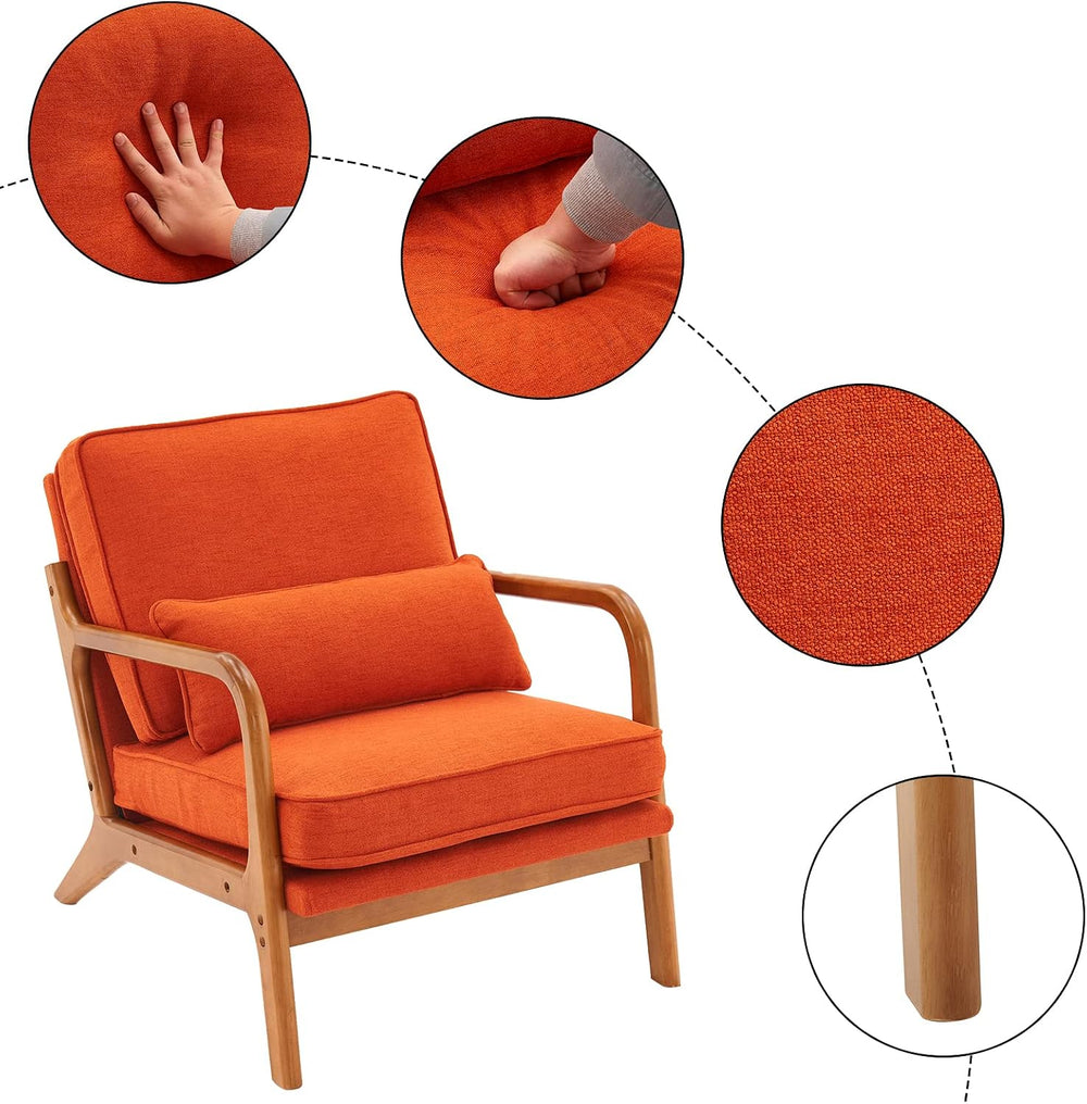 Bonnlo Linen Burnt Orange Mid Century Modern Accent Chair, Soild Wood Padding...