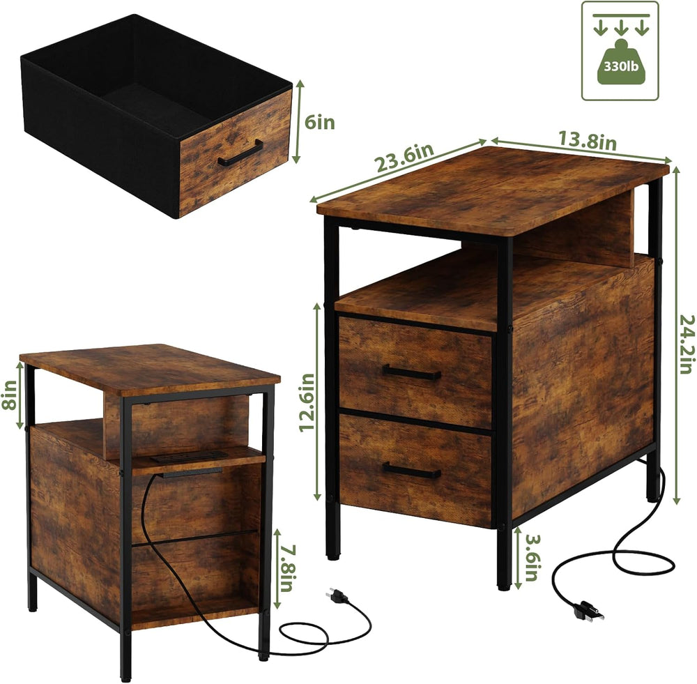 End Table with Charging Station, Narrow Side Table with 2 Fabric Drawers &amp...