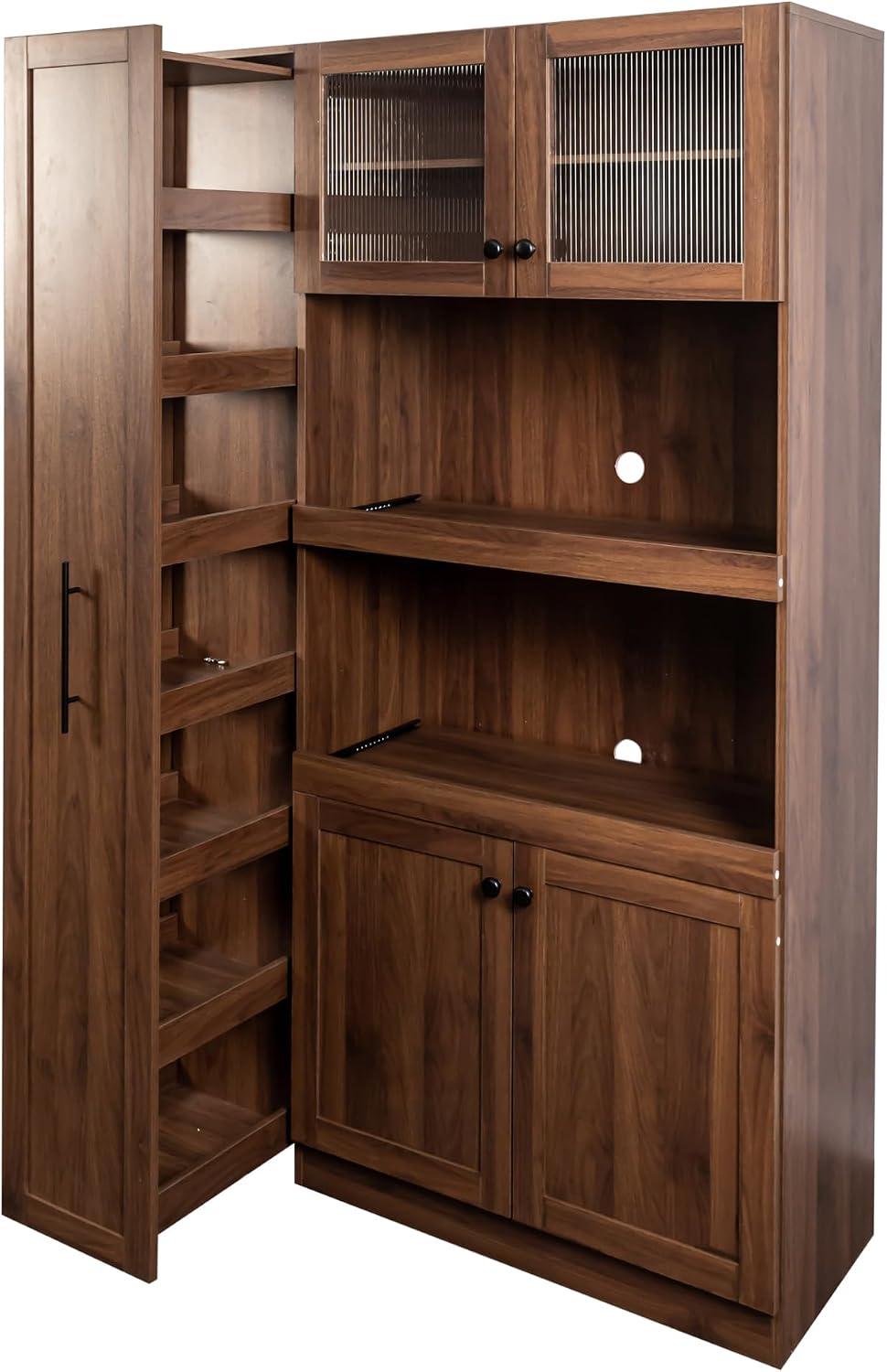 LUMISOL Farmhouse Kitchen Hutch with Pull-Out Multi-Tier Storage Shelf, with ...