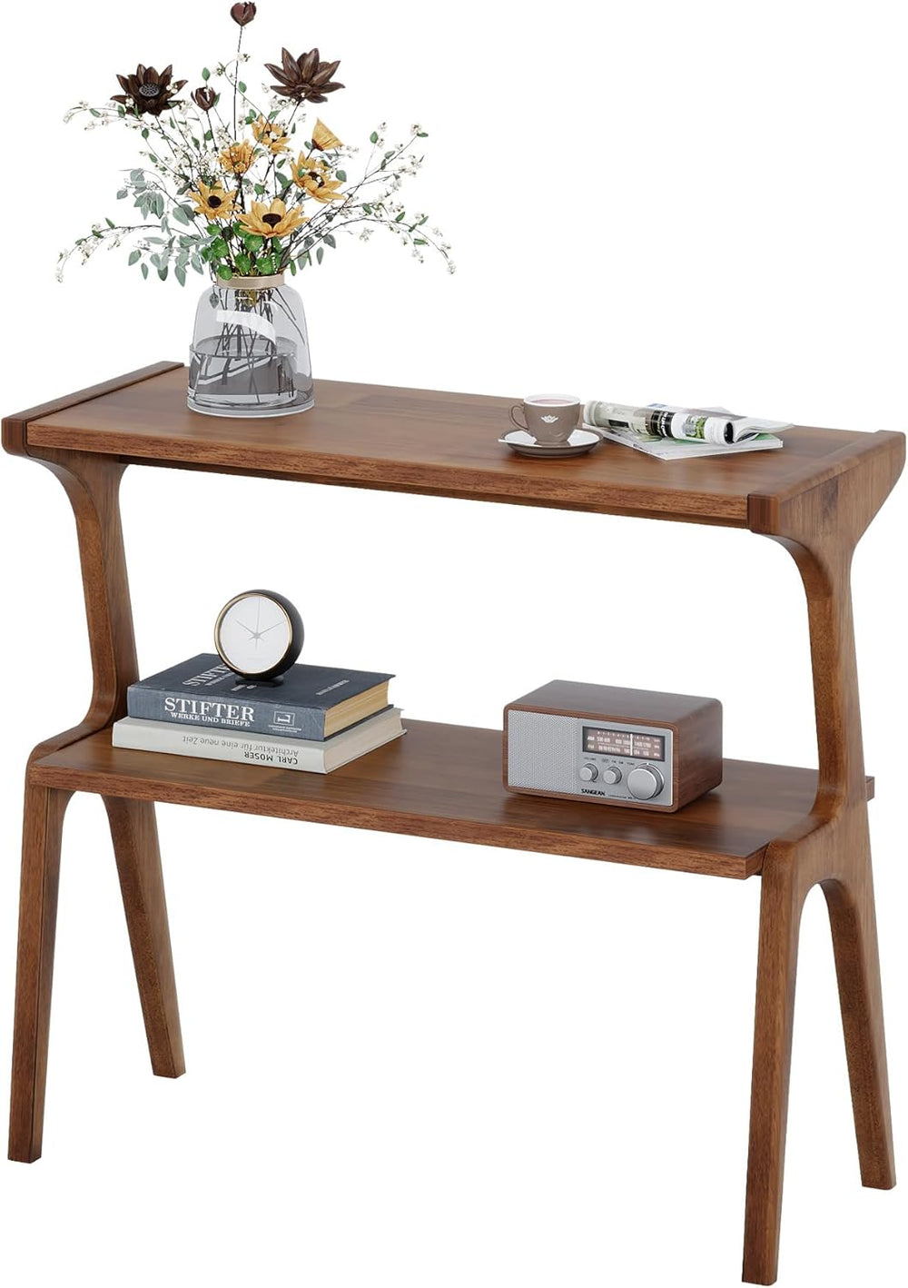 Solid Wood End Table, 2-Tier Side Table with Storage Shelf, Wooden Modern Acc...