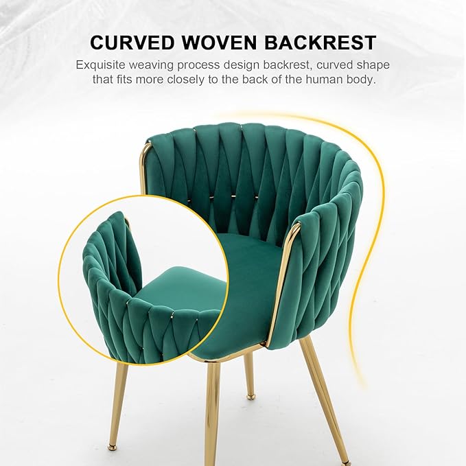 Velvet Dining Chairs Set of 2, Modern Upholstered Dining Chairs with Gold Metal Legs for Dining Room, Vanity, Kitchen, Living Room(Green)
