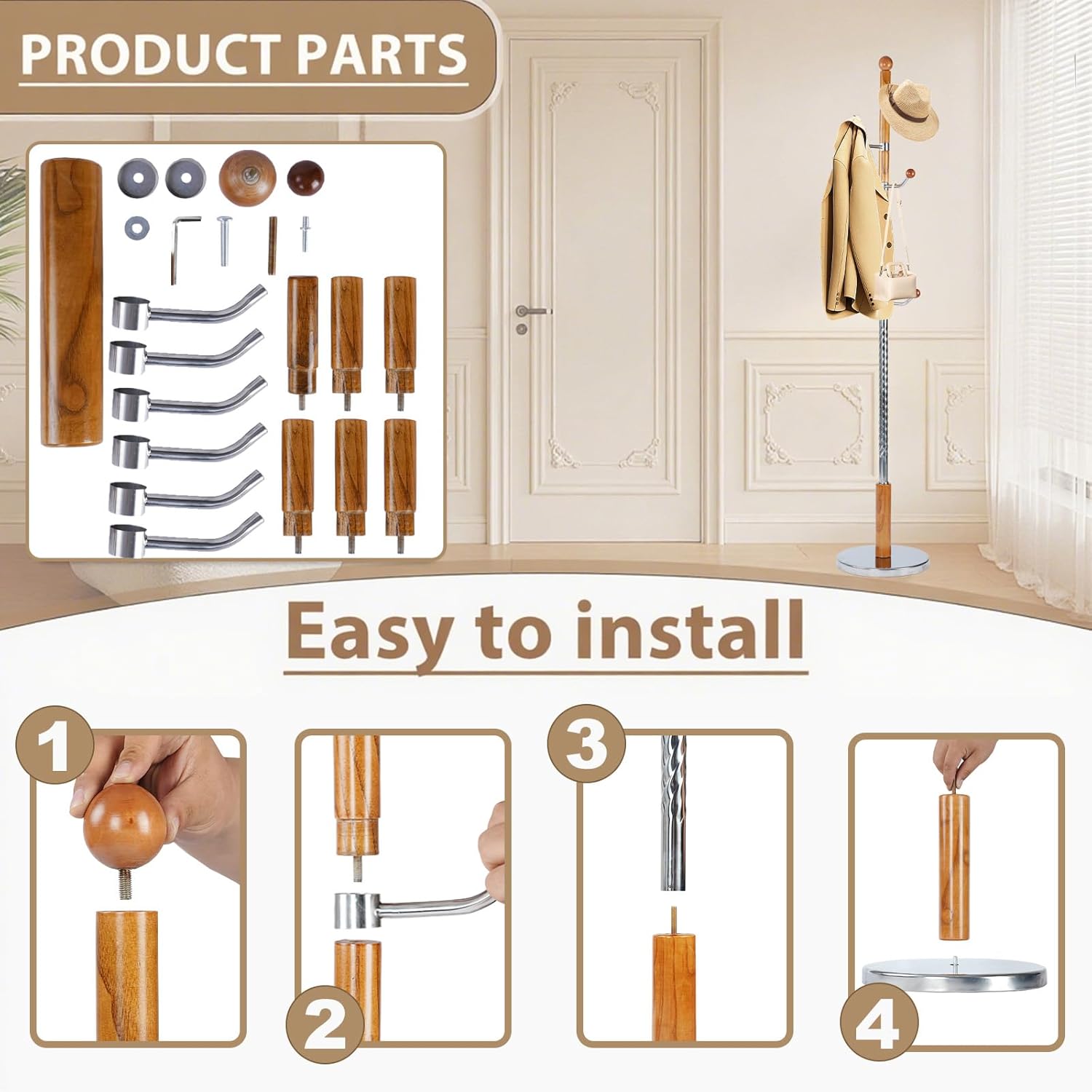 Solid Wooden Coat Rack Stand, Coat Racks Freestanding with 6 Hooks, Natural Birch Wood Coat stands with Sturdy Round Base, Tree Coat Hanger Standing for Entryway Bedroom Office (Cherry)