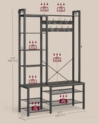 VASAGLE Hall Tree with Bench and Shoe Storage, Entryway Coat Rack with Shoe Bench, 5 Storage Shelves, 9 Coat Hooks, 6 Side Hooks, 15.7 x 47.2 x 74.8 Inches, Stone Gray and Ink Black UHSR426B04