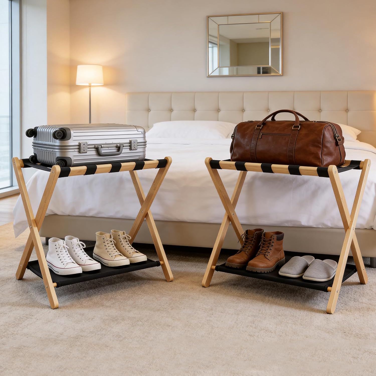 26.77" Full Assembled Luggage Rack for Guest Room, Set of 2 Bamboo Foldable Suitcase Stand, Bedroom & Hotel, Folding Luggage Holder with 5 Nylon Straps, 600D Oxford Fabric Shelf Natural Wood