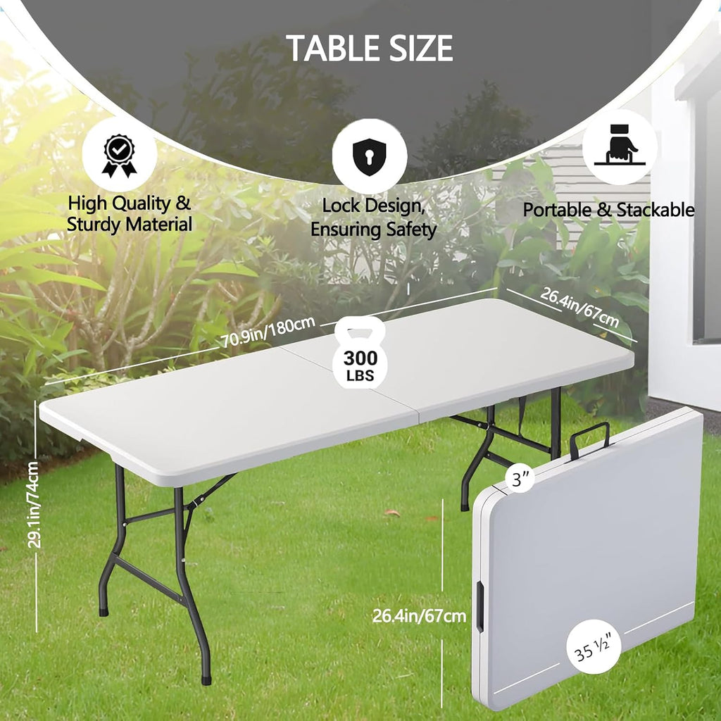 Rewing 6FT Folding Table Heavy Duty 180cm White Table With Carry Handle For All Occasions - 150kg Capacity - For Wedding, Office, Garden, Camping