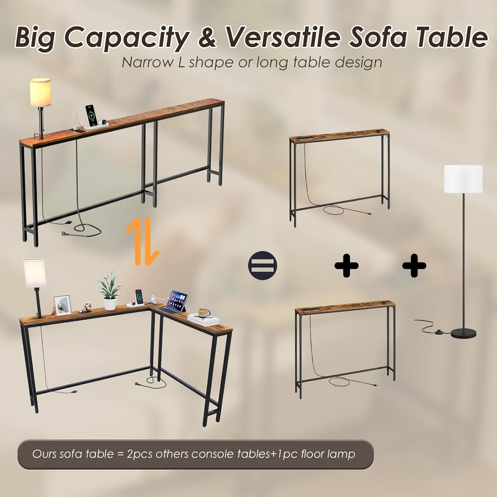 X-cosrack 78.8" Long Narrow Sofa Table with Outlet & LED Bulb, L Sha...