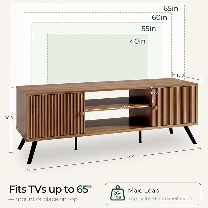 COMHOMA TV Stand for Living Room, Mid Century Modern Entertainment Center for 55/60/65 Inch TVs, Retro Brown TV Console with Fluted Door Cabinets and Open Adjustable Shelve Storage for Bedroom (53In)