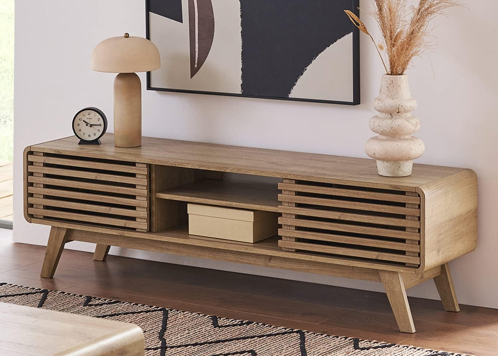 mopio Ensley 59" TV Stand with Slatted Door, Mid Century Modern Entertai...