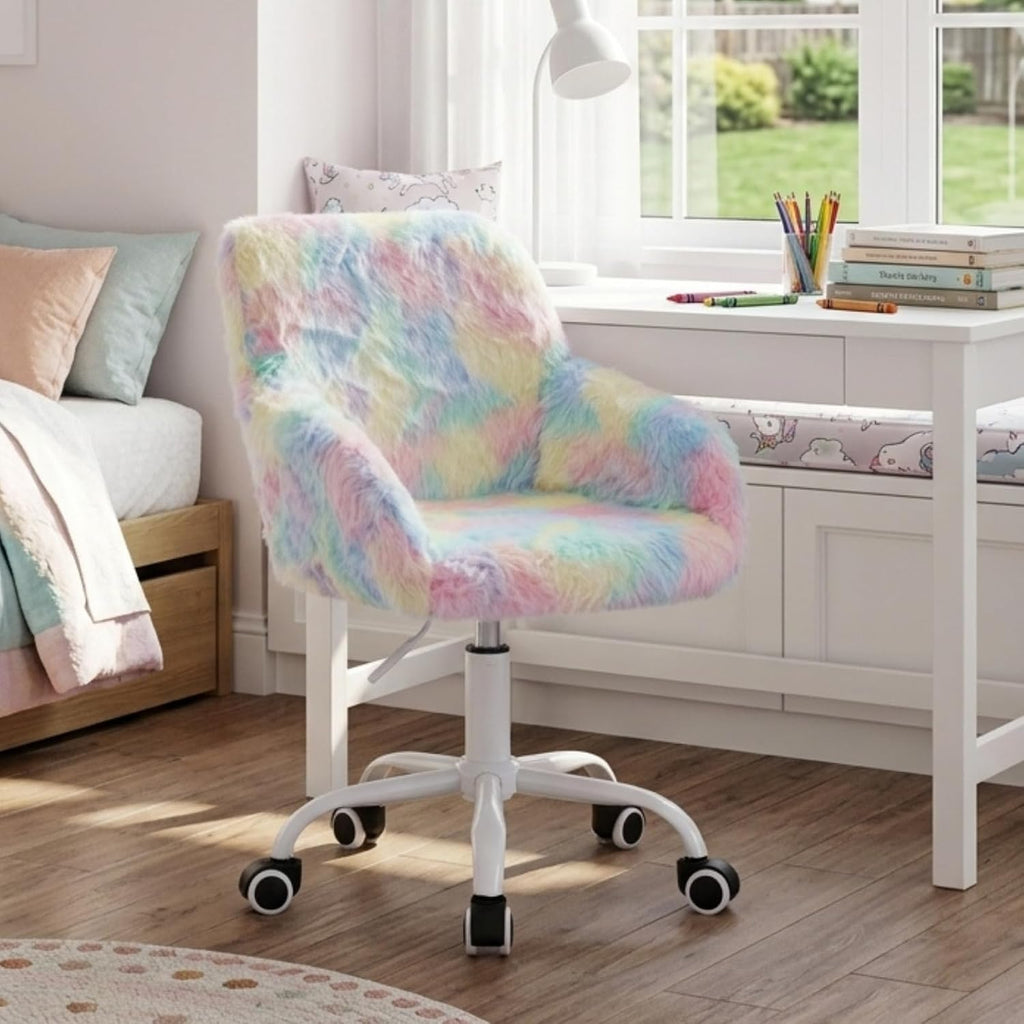 Ya-Home Kids Desk Chair Faux Fur Upholstered Swivel Reading Chair, Cute Adjustable Study Chair with White Wheels for Reading Room Bedroom, Rainbow Color