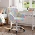 Ya-Home Kids Desk Chair Faux Fur Upholstered Swivel Reading Chair, Cute Adjustable Study Chair with White Wheels for Reading Room Bedroom, Rainbow Color