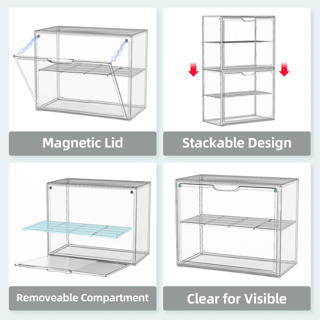 Clear Hat Box Storage, Baseball Cap Organizer for Baseball Caps, Hat Acrylic Display Case with Removable Compartment, Plastic Stackable Hats Holder Organizer Box with Magnetic Lid, 1 Pack