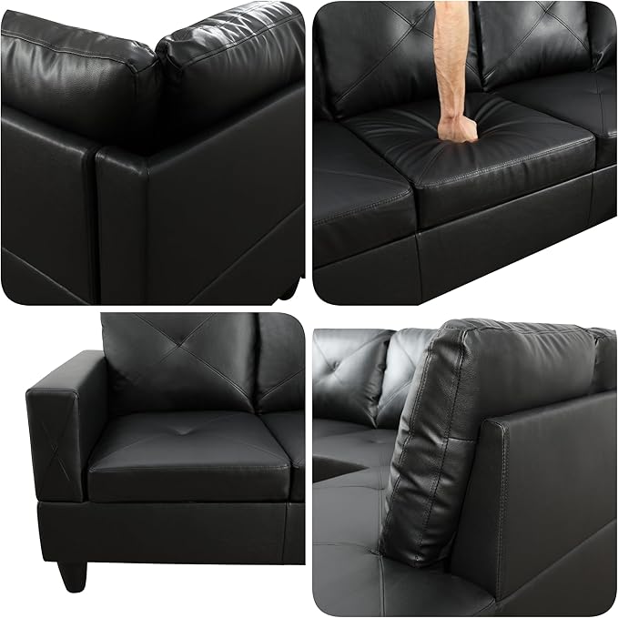 Sectional Couches for Living Room with Movable Chaise & Storage Ottoman - 97.5" Leather L Shaped Couches for Living Room Apartment, 4 Seat Home Furniture Modular Sectional Sofas, Black