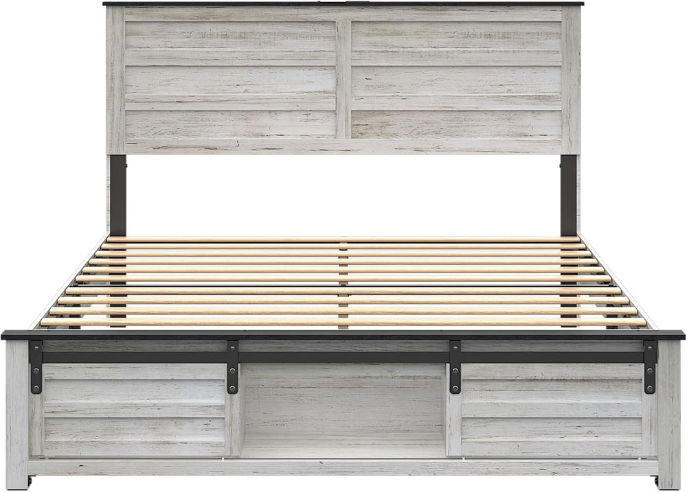 Queen Size Wooden Bed Frame with Headboard and Storage Footboard
