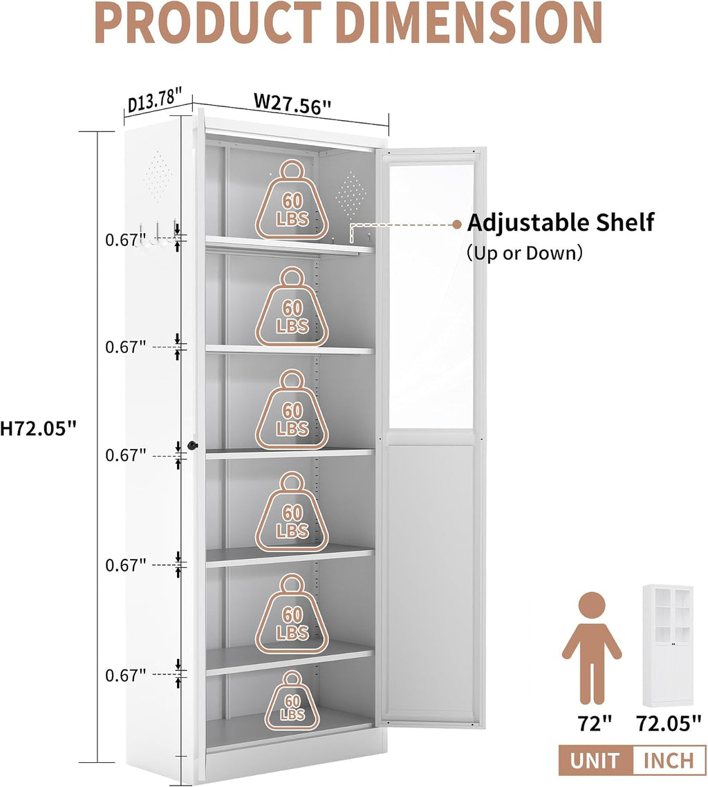 Storage Pantry Buffet Cabinet - 72" White Metal Tall Heavy-Duty Adjustable Freestanding Kitchen Pantry Cabinet with Doors Shelves for Kitchen Living Room Bathroom Garage Pantry