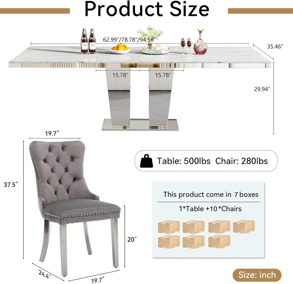 Modern Extendable Dining Table Set for 10, 94" Faux Marble Expandable Ta...