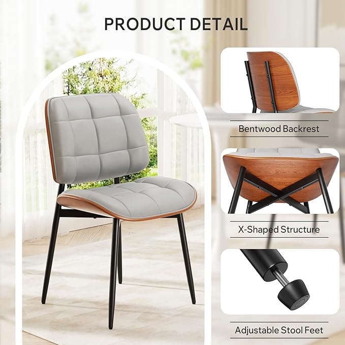 Dining Chairs Set of 2, Mid Century Modern Dining Room Chair, Upholstered Faux Leather Kitchen Chairs with Thick Cushion and Walnut Bentwood Back for Kitchen Dining Room, Grey